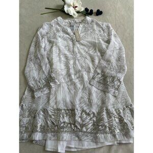 NWT Chicos Sheer Lightweight Tunic Top White & Silver Sequin Embellishments Sz 2